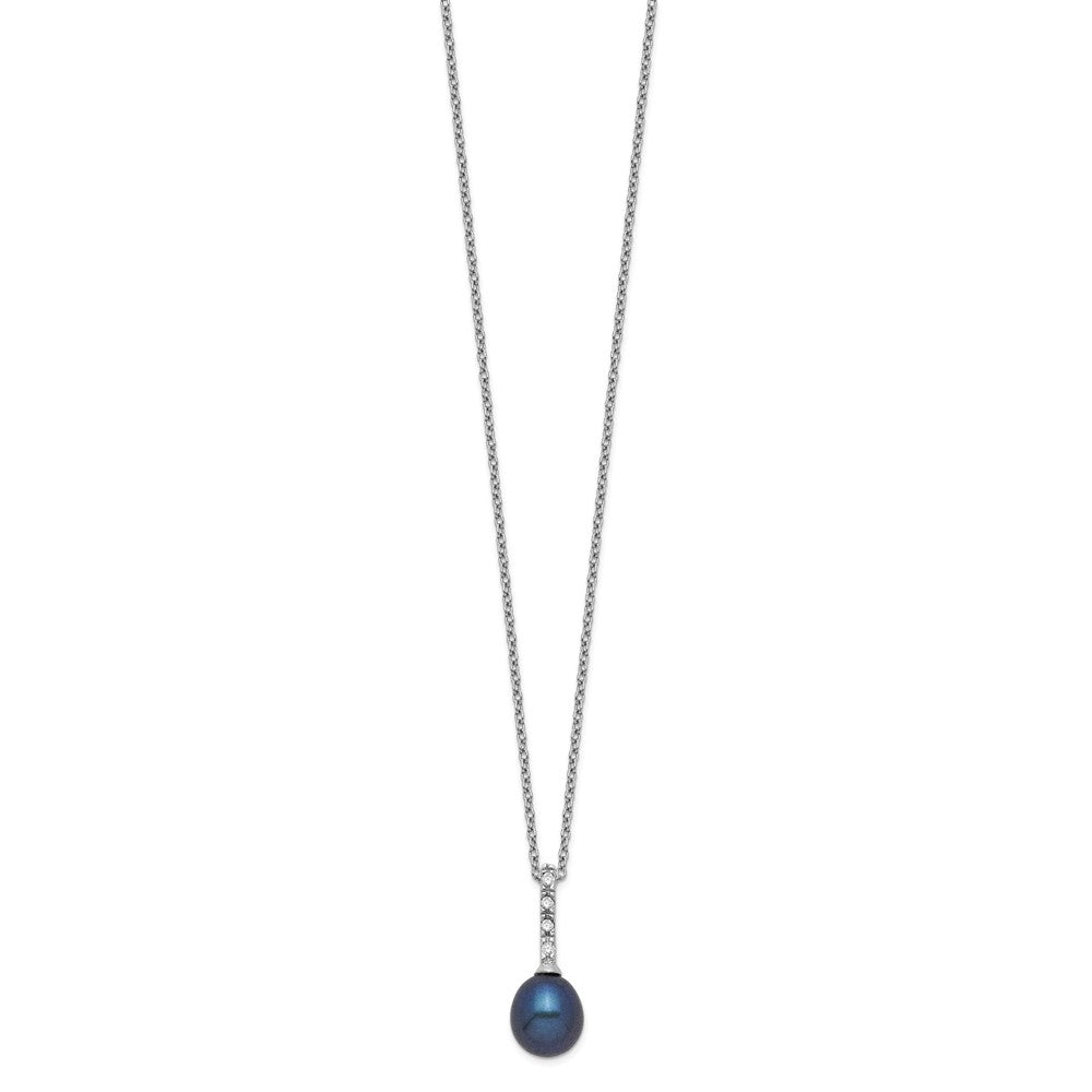 Sterling Silver Rhodium-plated 7-8mm Black Teardrop Freshwater Cultured Pearl and CZ 17 inch Necklace 17 Inches