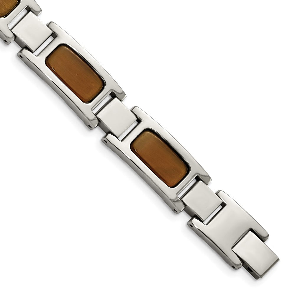 Stainless Steel Polished with Tiger's Eye Inlay 8.5in Bracelet 8.5 inches