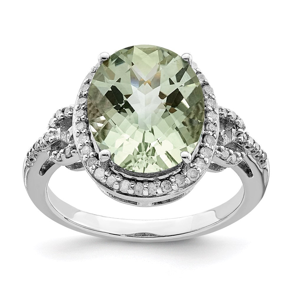 Sterling Silver Rhodium Oval Diam. & Checker-Cut Green Quartz Ring