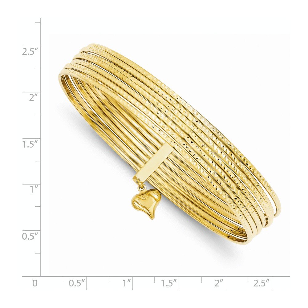 14K Polished and Textured with Dangle Heart 7-Strand 11.00mm Slip-on Round Bangle Bracelet
