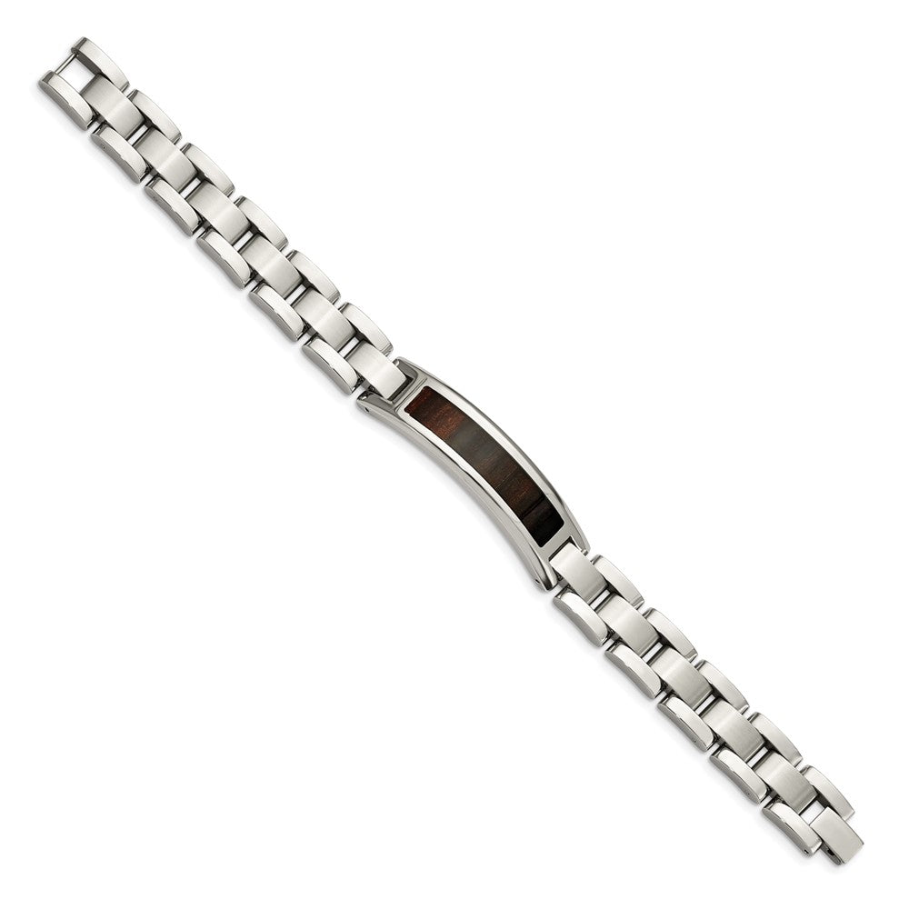 Stainless Steel Polished Enameled Black Koa Wood 8.5in Bracelet 8.5 inches