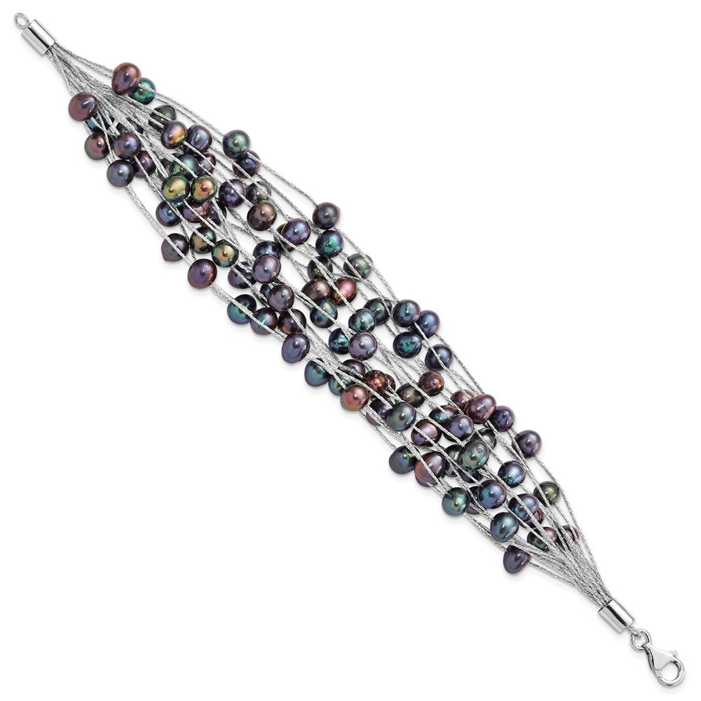 Sterling Silver Rhodium-plated 6-7mm Black Semi-Round Freshwater Cultured Pearl Multi Strand 7.5 inch Bracelet 7.5 inches