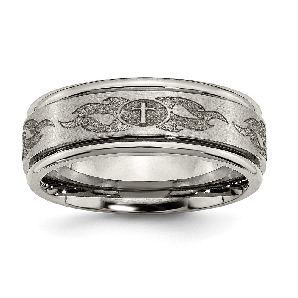 Titanium Brushed & Polished Cross Laser Design 8mm Ridged Edge Band Size - 7