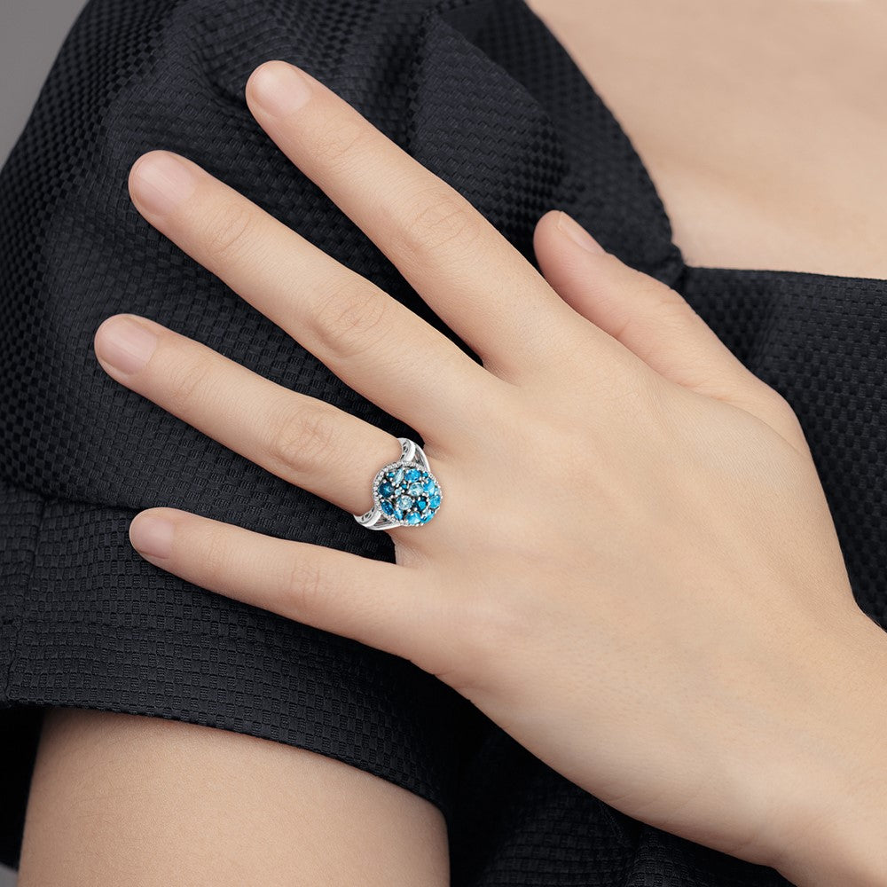 Sterling Silver Rhodium Light Swiss Blue Topaz & Diam. Ring