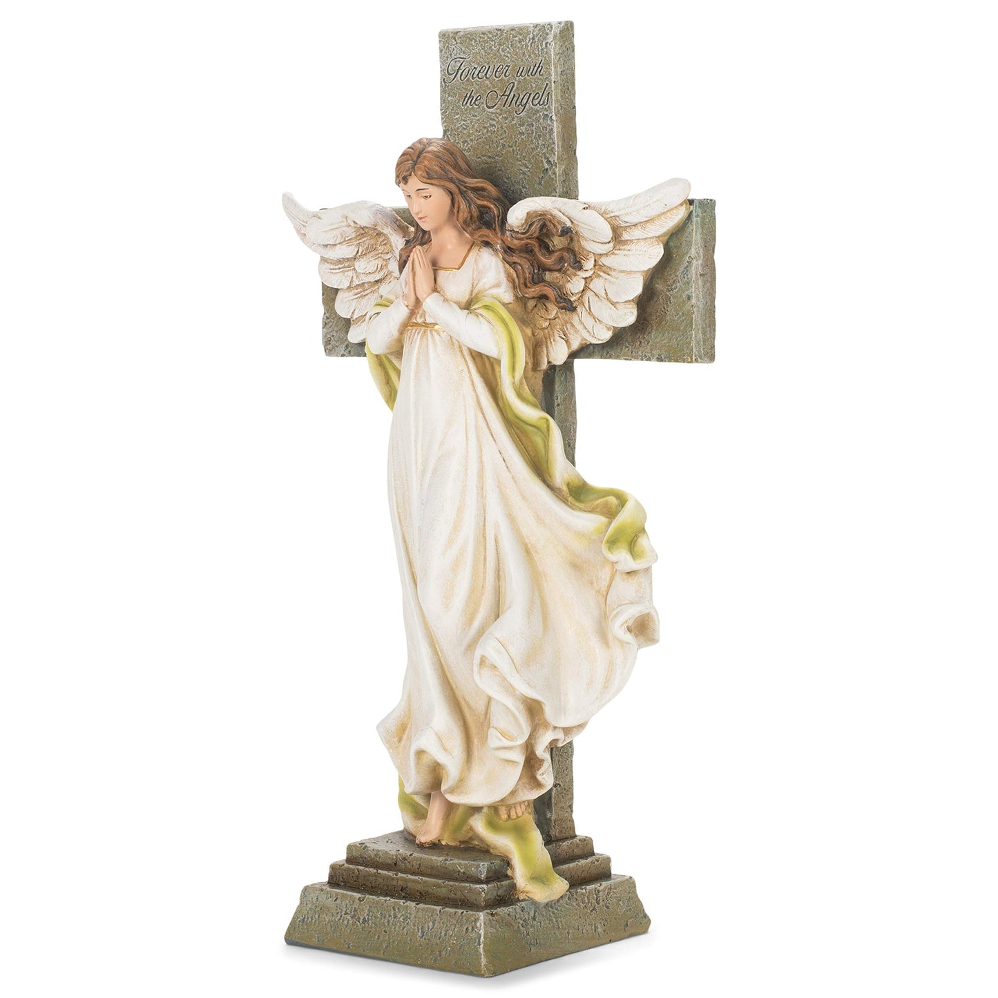 FOREVER WITH THE ANGELS Memorial Angel with Cross Stone Resin Statue QGM15729