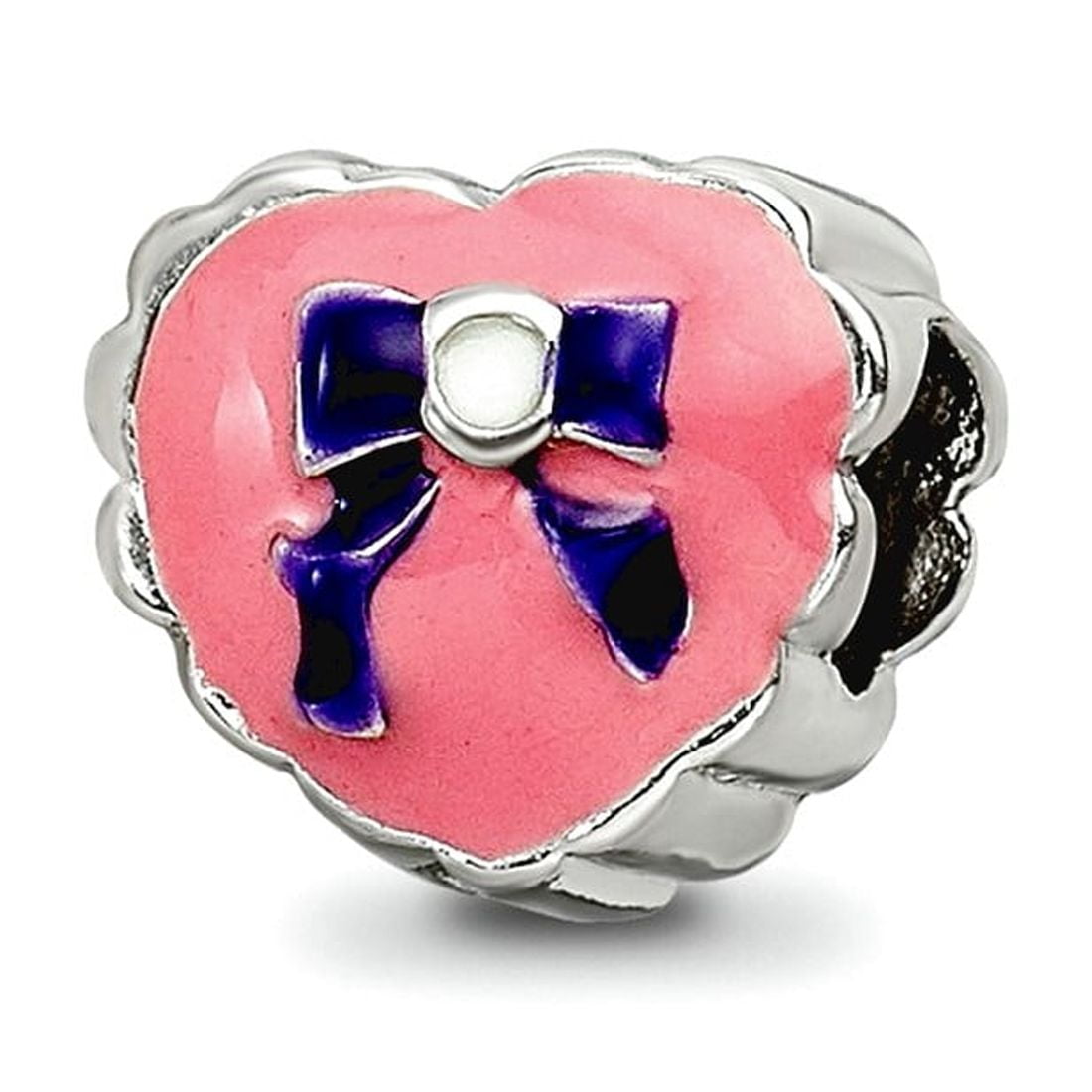 925 Sterling Silver Polished Pink Enamel White-Enamel Artisan Oxidized Reflections Enameled Love Heart With Bow Bead Cha