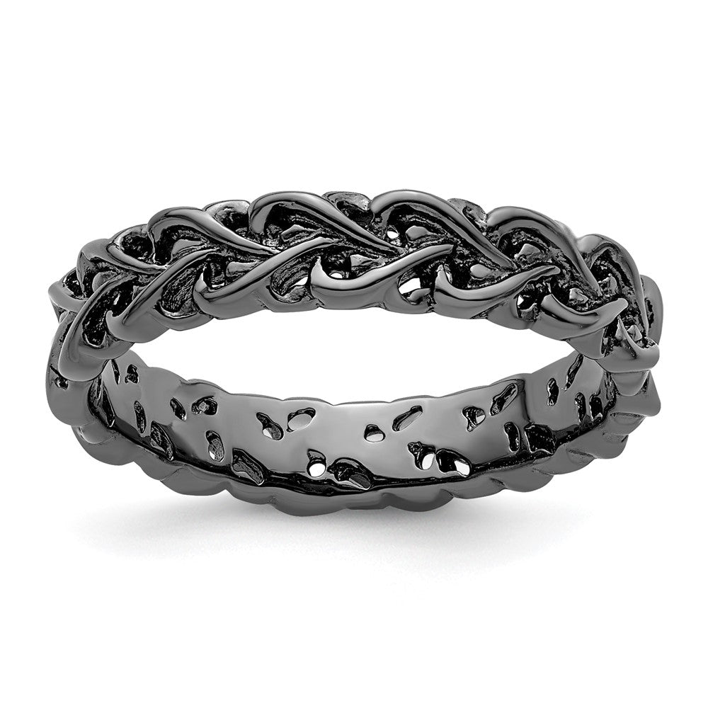 Sterling Silver Stackable Expressions Black-plated Carved Size -7