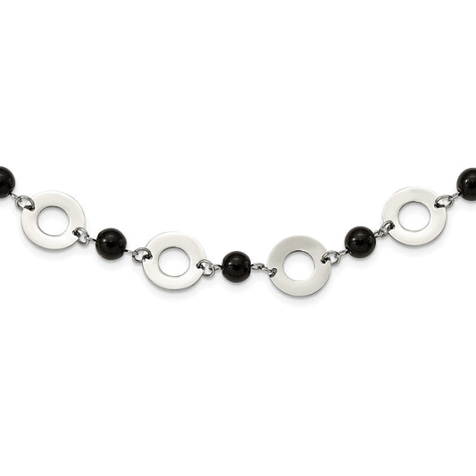 Stainless Steel Polished w/Black Agate w/1.5in ext Leather Cord Necklace