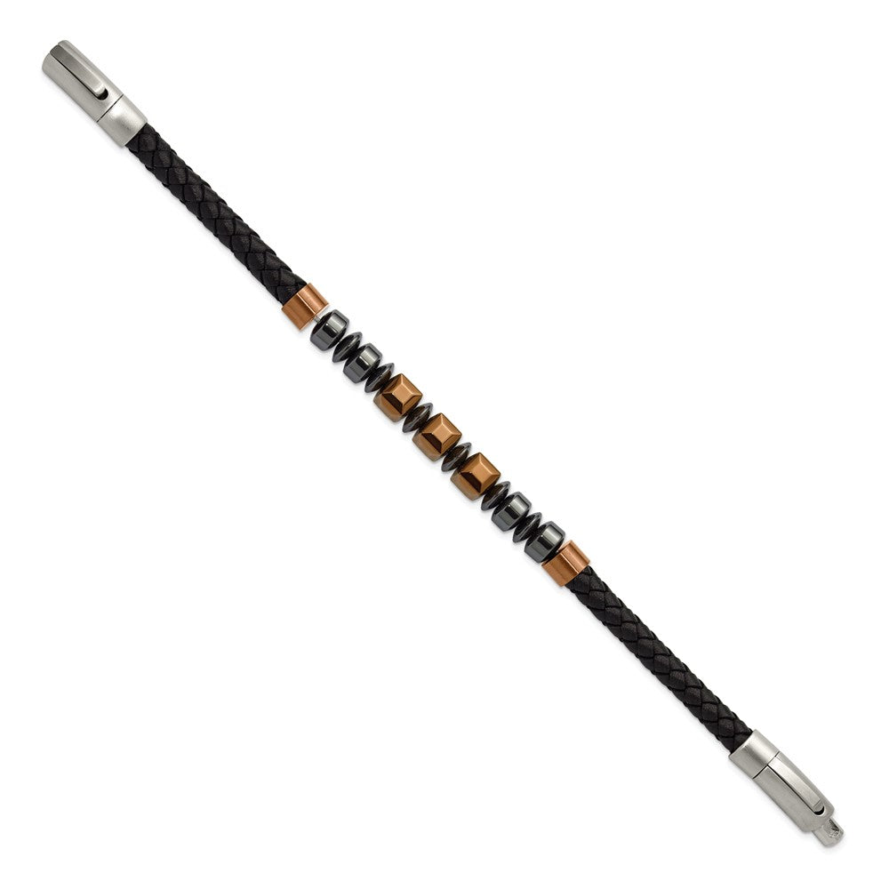 Chisel Stainless Steel Polished Hematite Brown-plated Beaded Black Leather 8 inch Plus .5 inch Extension Bracelet