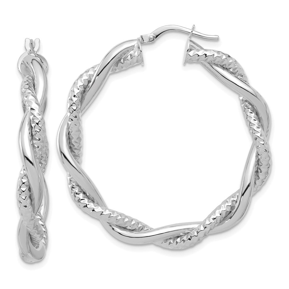 14K White Gold Polished and Textured Twisted Round Hoop Earrings