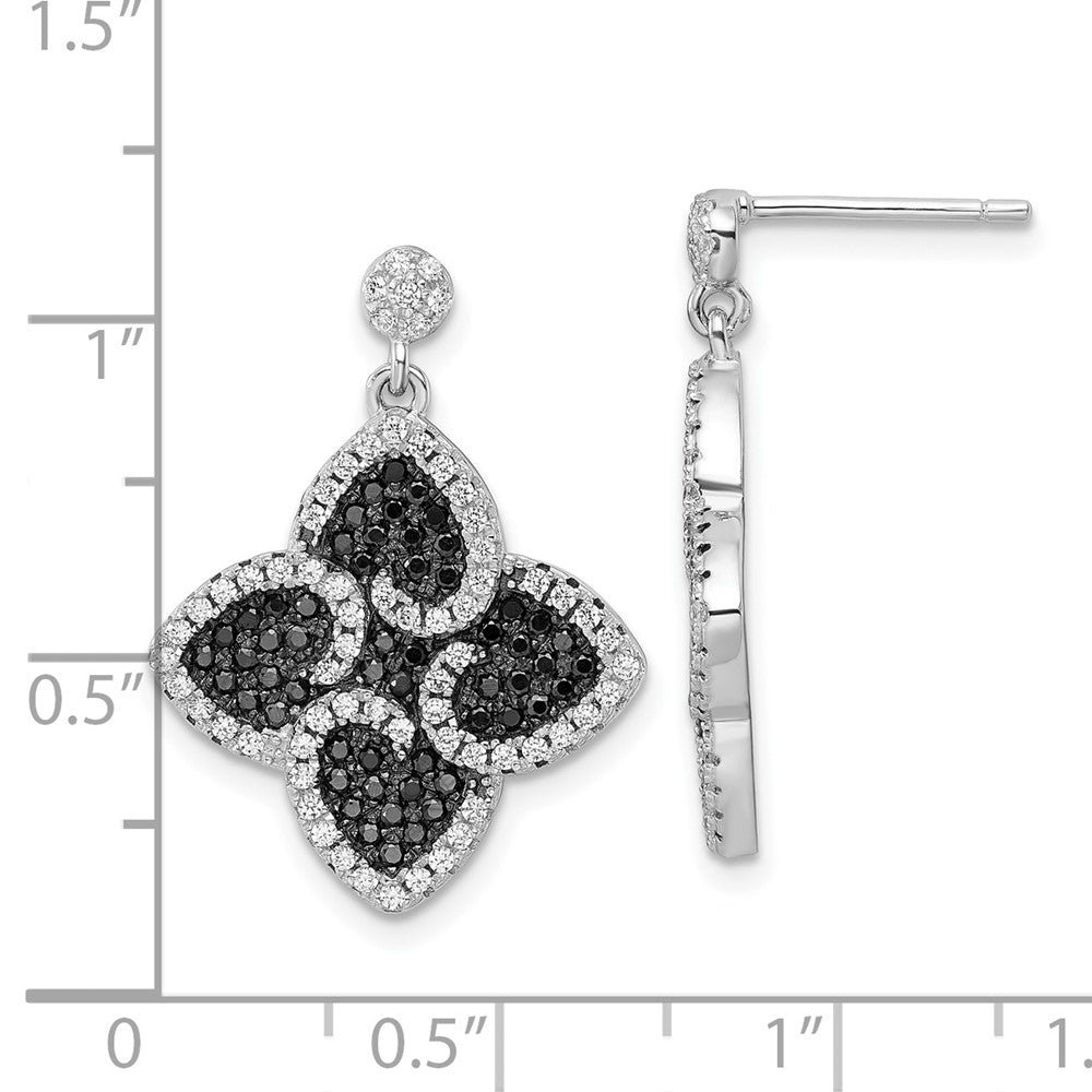 Sterling Silver Black & Clear CZ Brilliant Embers Hearts Dangle Earrings