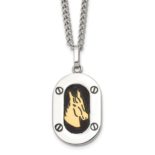 Chisel Stainless Steel Polished with 14K Gold Accent Horse Head with Black Enameled Pendant on a 24 inch Cable Necklace