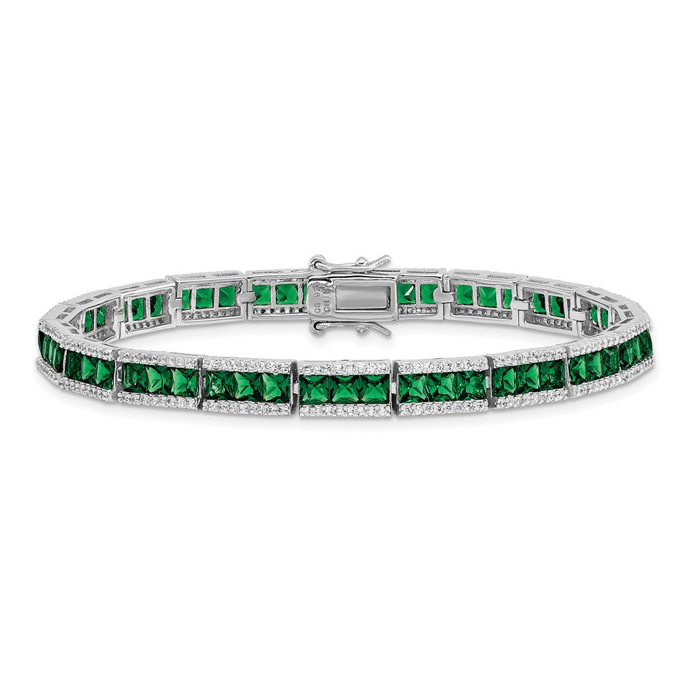 Cheryl M Sterling Silver Rhodium-plated Princess-cut Green Nano Crystal and Brilliant-cut White CZ 7.25 Inch Bracelet 7.25 inches