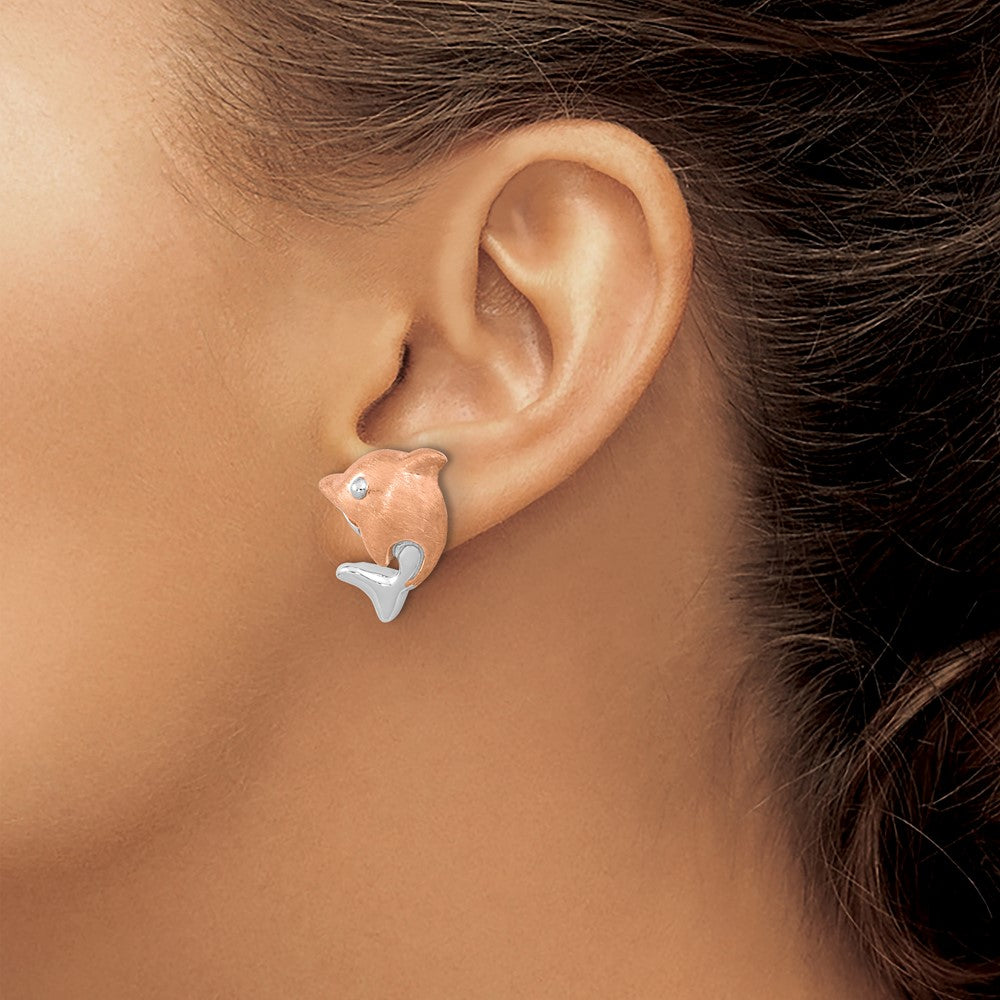 Sterling Silver RH-plated & Rose Gold-plated Dolphin Post Earrings