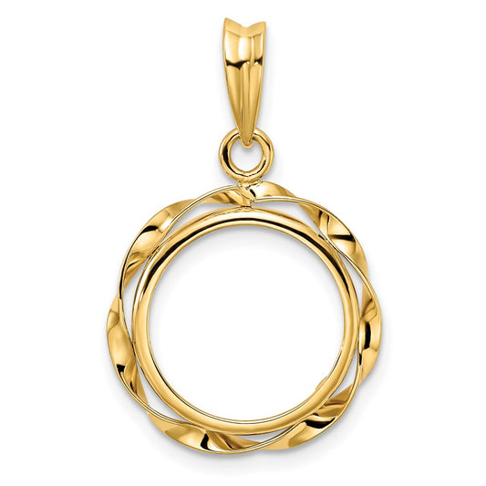 Wideband Distinguished Coin Jewelry 14k Polished Hand Twisted Ribbon 14.0mm Prong Coin Bezel Pendant