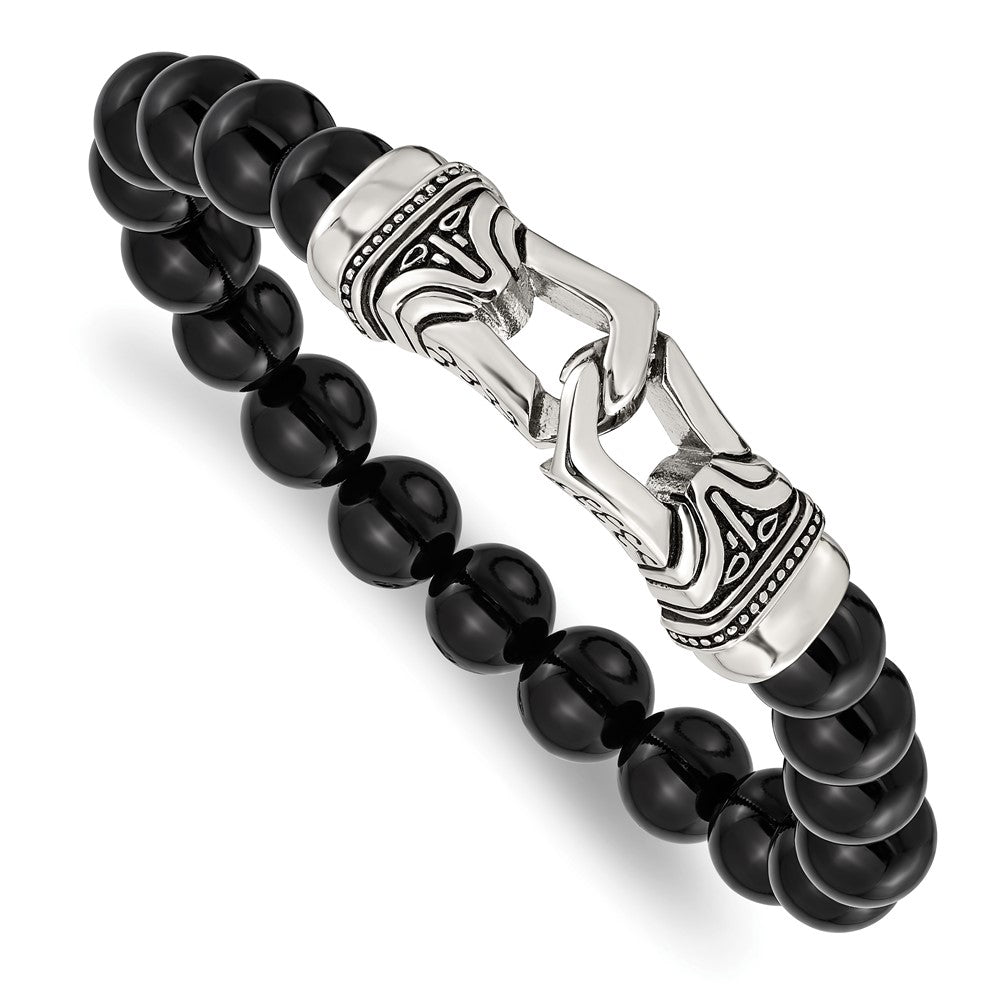 Stainless Steel Antiqued and Polished Black Agate Stretch Bracelet 7.25 inches