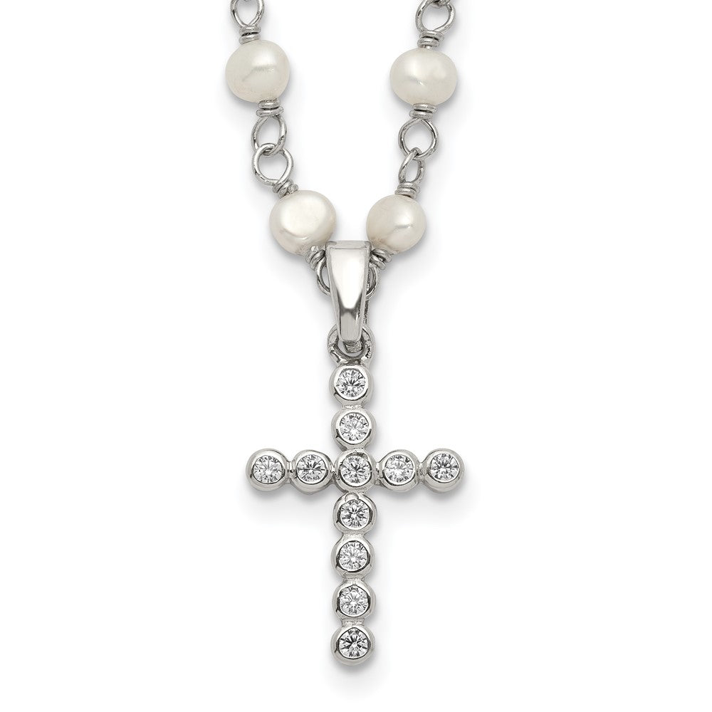 Sterling Silver Rhodium-plated 4-5mm White Near-Round Freshwater Cultured Pearl and CZ Cross 21 inch Necklace 21 Inches