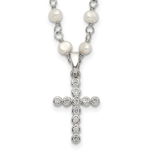 Sterling Silver Rhodium-plated 4-5mm White Near-Round Freshwater Cultured Pearl and CZ Cross 21 inch Necklace 21 Inches
