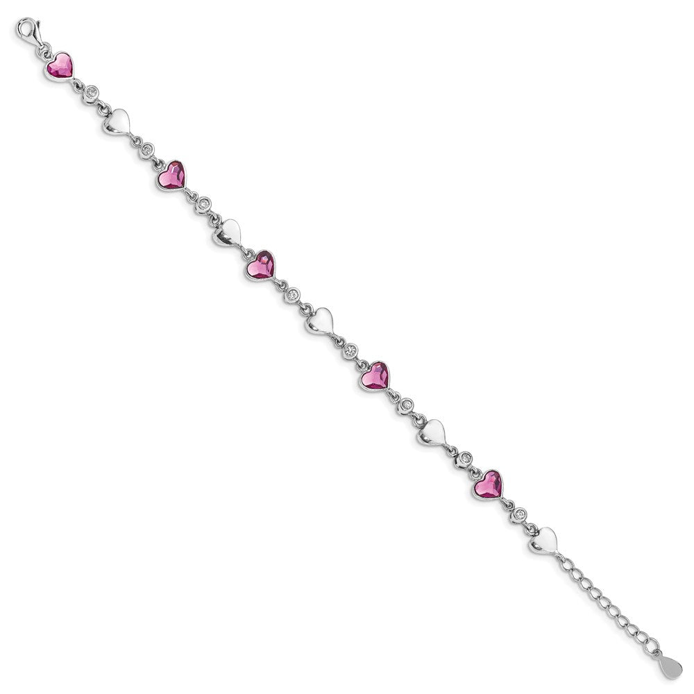 Sterling Silver Rhodium Plated Clear Crystals Pink Heart Crystals and Polished Hearts 6.5 inch Bracelet with 1 inch extension 6.5 inches