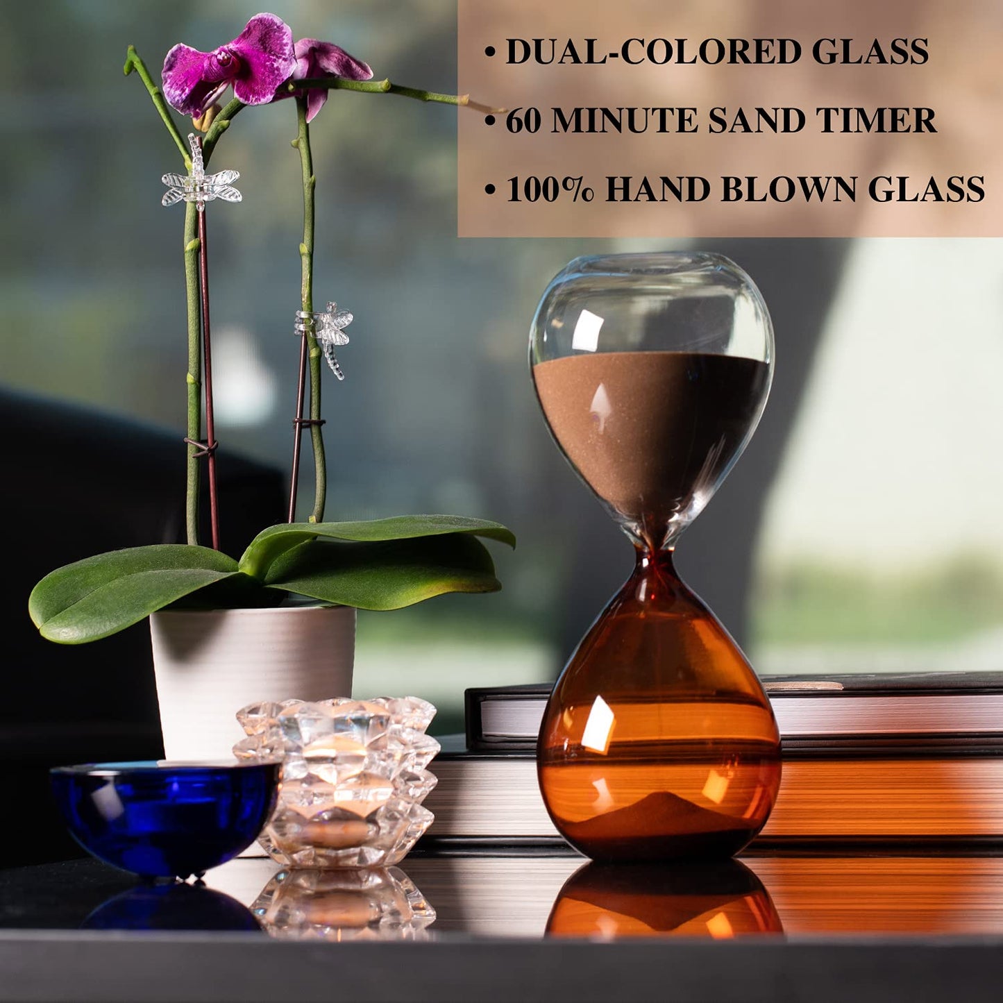 60 Min. Amber & Clear Glass Sand Timer w/ Amber Sand
