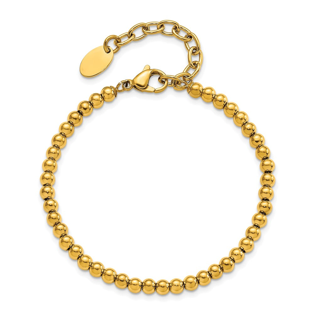 Stainless Steel Polished Yellow IP Beaded 6.5in w/1.5in ext Bracelet 6.5 inches