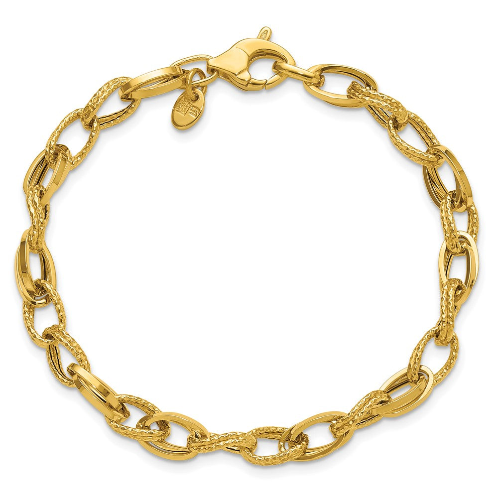 14K Polished and Textured Fancy Oval Link Bracelet 7.5  inches