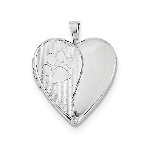 Sterling Silver Rhodium-plated Satin & Polished Paw Prints Heart Locket