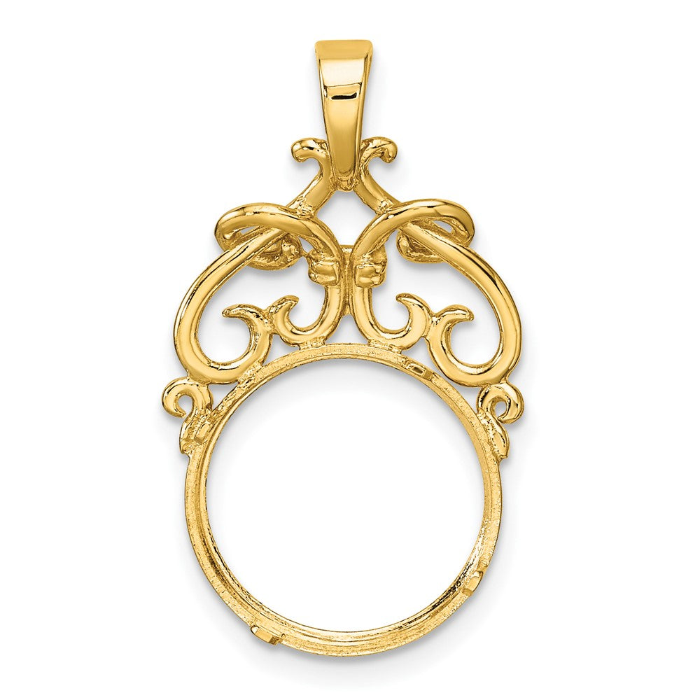 Wideband Distinguished Coin Jewelry 14k Polished Fancy Filigree Top and Diamond-cut 13.0mm Prong Coin Bezel Pendant