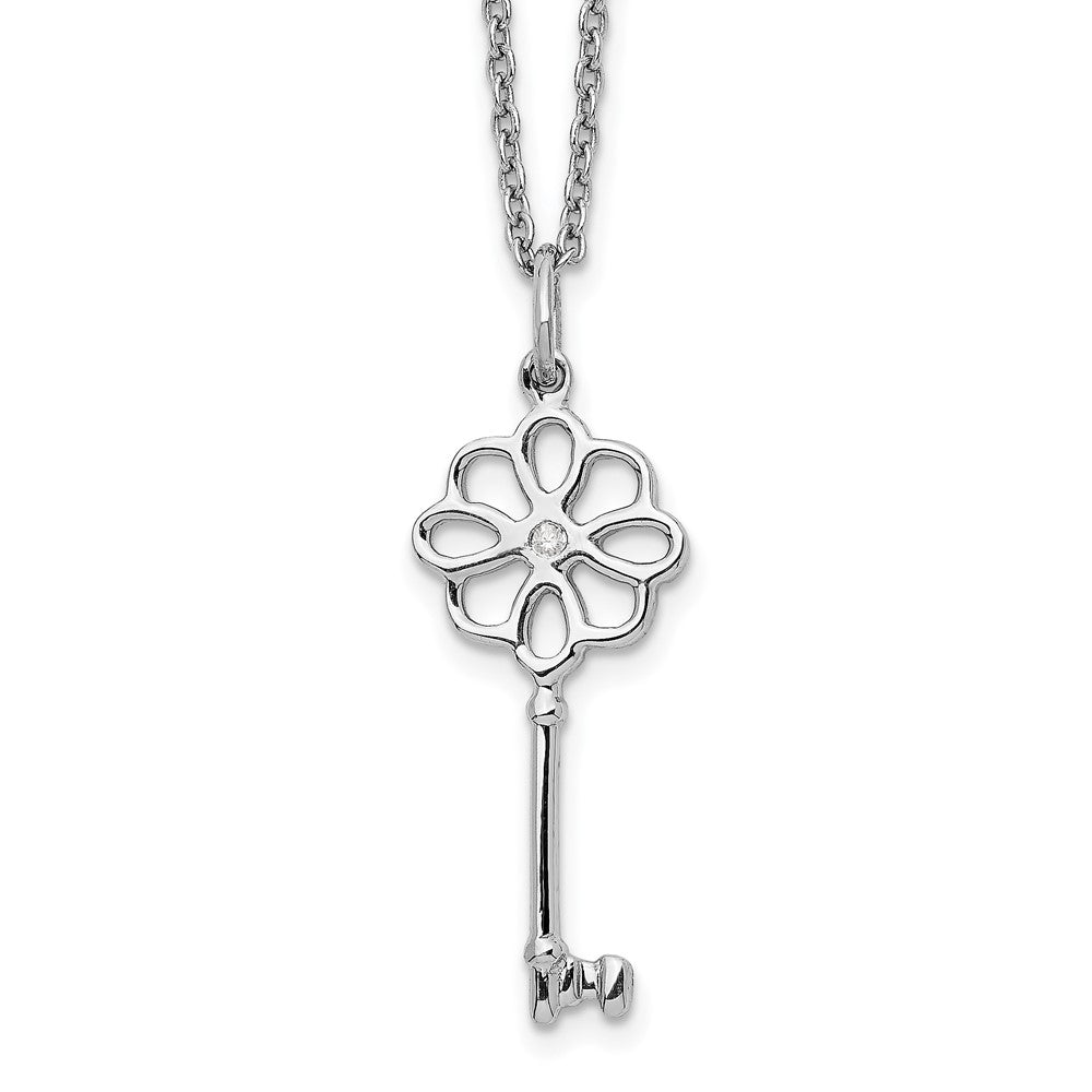 White Ice Sterling Silver Rhodium-plated 18 Inch Diamond Flower Key Necklace with 2 Inch Extender 18 Inches