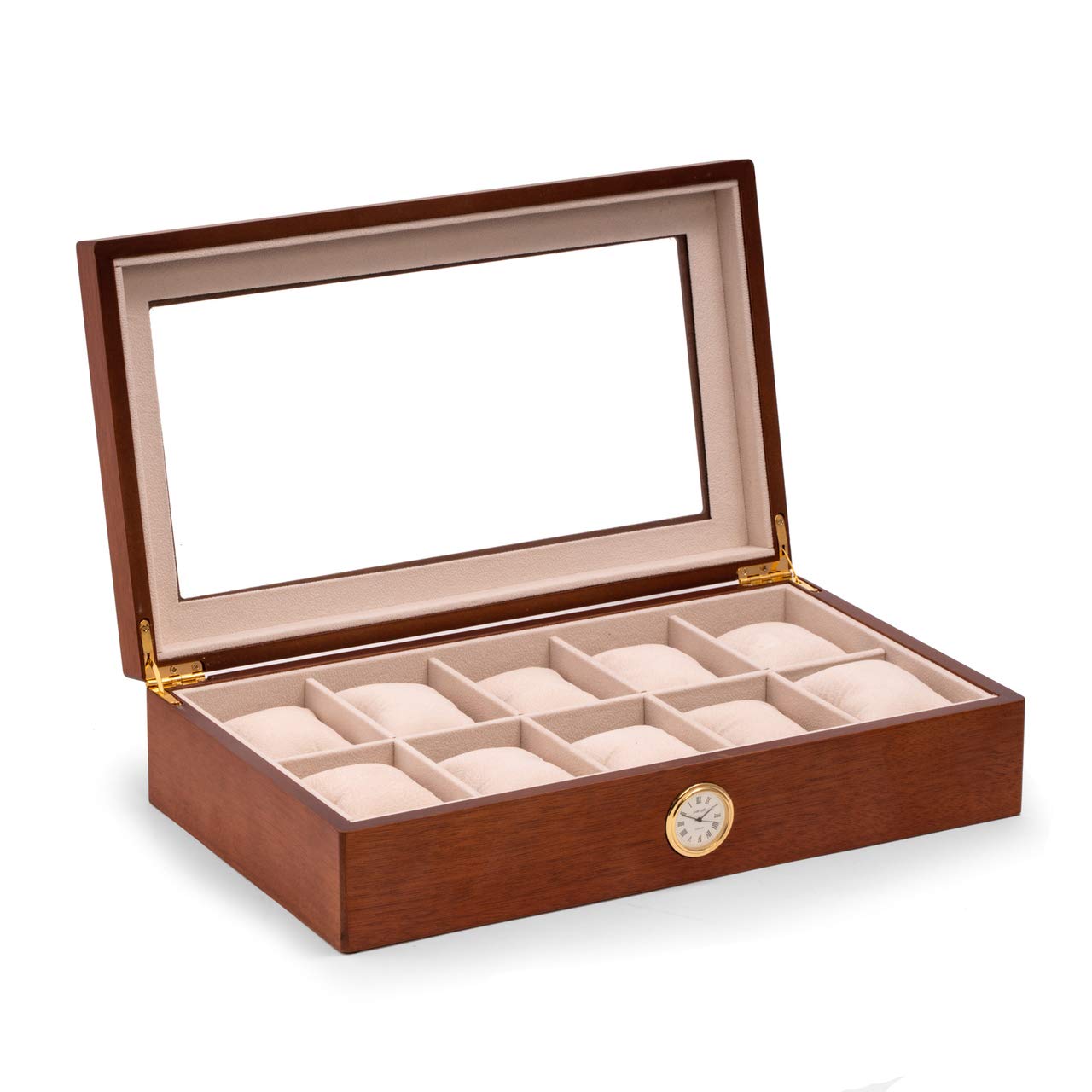 Bey Berk Cherry Wood Ten Watch Box w/ Quartz Movement Clock