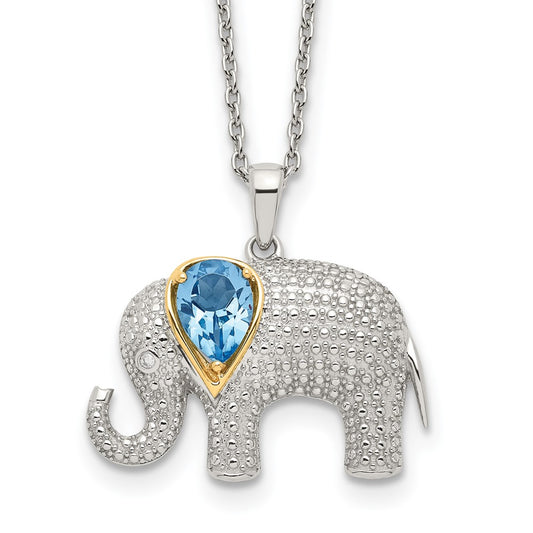 Brilliant Gemstones Sterling Silver with 14K Accent Rhodium-plated Blue Topaz and Diamond Elephant 18 Inch Necklace with 2 Inch Extender 17 Inches