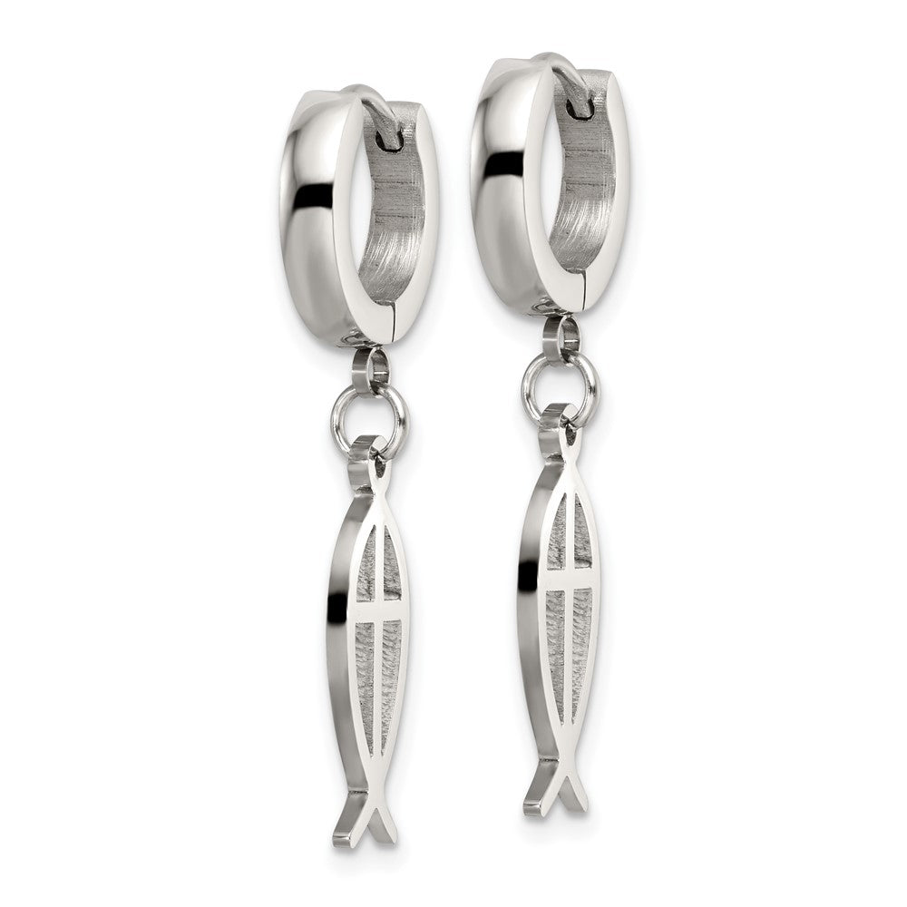 Stainless Steel Polished Ichthus Hinged Hoop Dangle Earrings