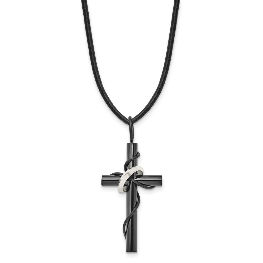 Stainless Steel Polished Black IP-plated Cross 20in Leather Cord Necklace