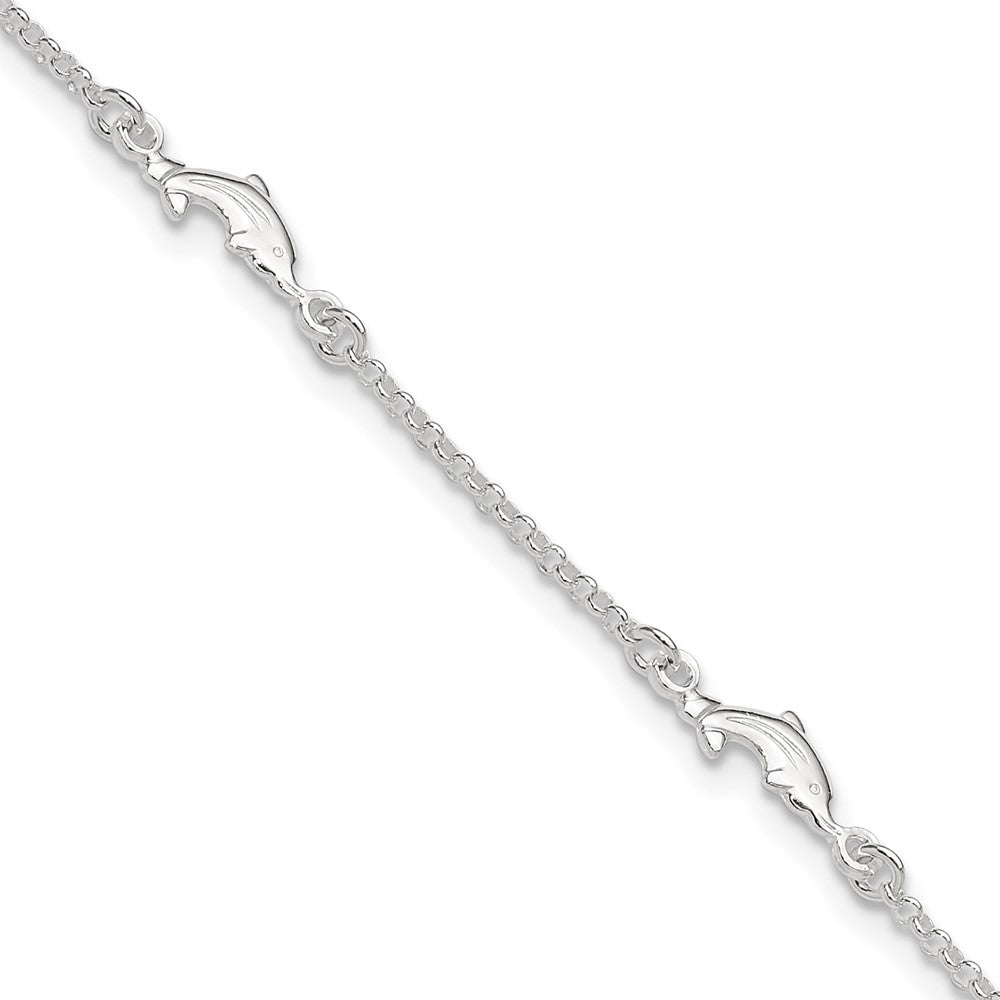 Sterling Silver Polished Dolphin 9in Plus1in Ext. Anklet 9 inches