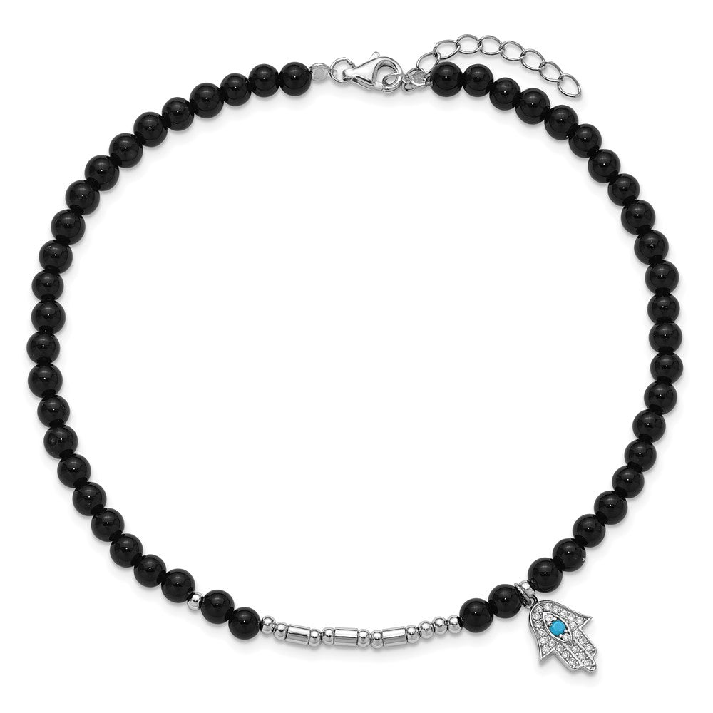 Cheryl M Sterling Silver Rhodium-plated Polished Onyx Crystal and CZ Hamsa 9.5 Inch with 1 Inch Extension Anklet 9.5 inches