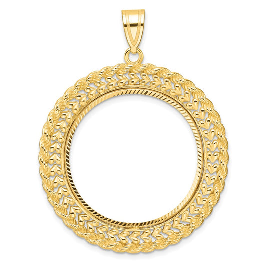 Wideband Distinguished Coin Jewelry 14k Polished and Diamond-cut Heart and Rope 27.0mm Prong Coin Bezel Pendant
