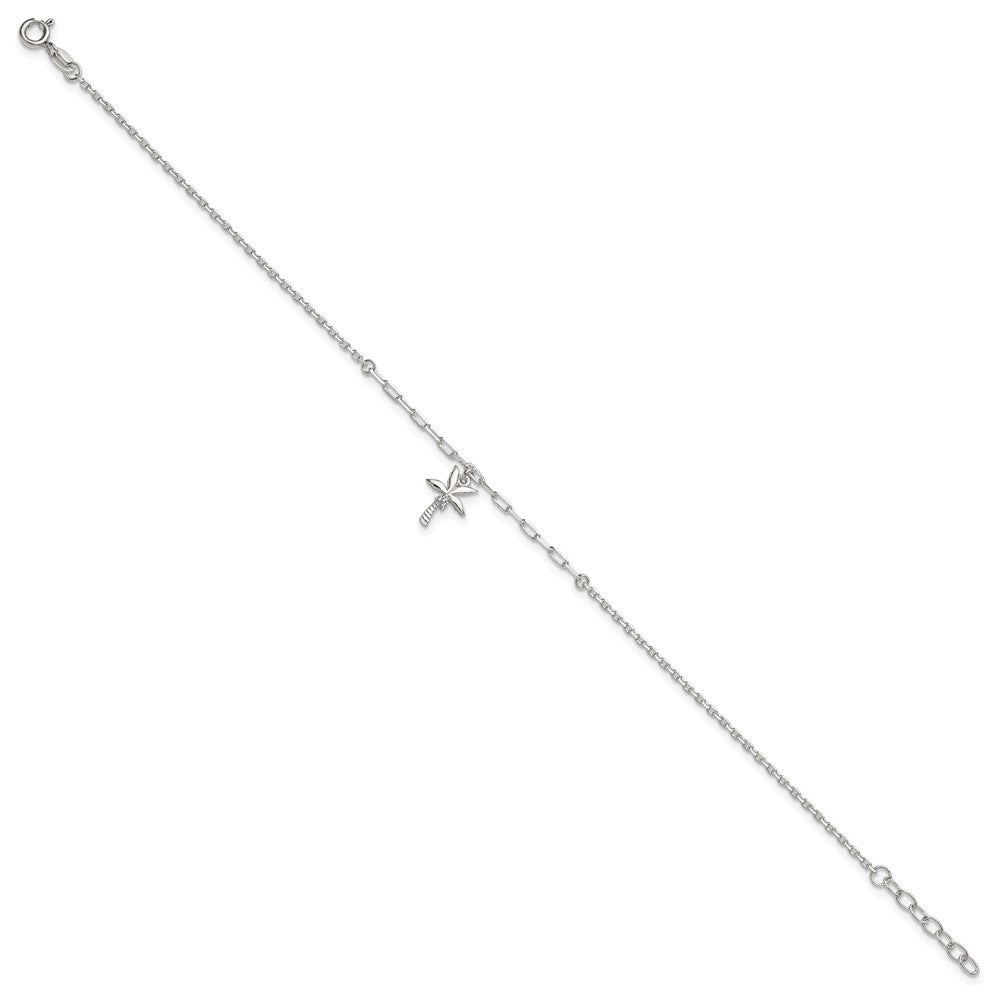 Sterling Silver Polished White CZ Palm Tree Dangle 9 inch with 1 inch Extension Anklet