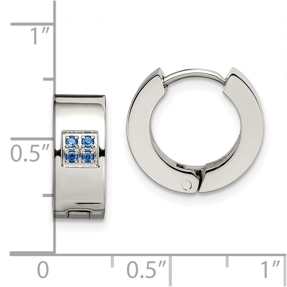 Stainless Steel Brushed & Polished w/Blue CZ 6mm Hinged Hoop Earrings