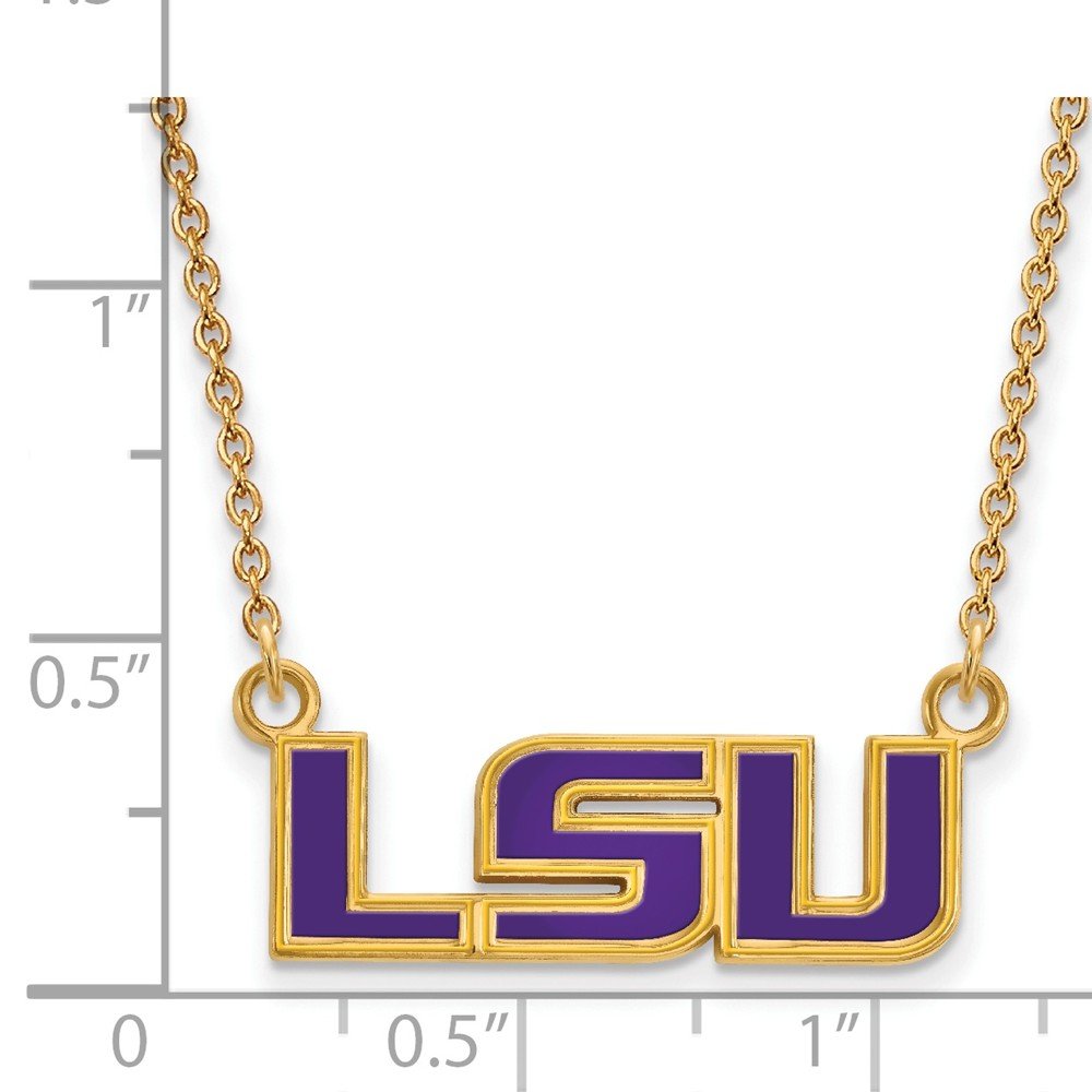 Sterling Silver Gold-plated LogoArt Louisiana State University L-S-U Small Enameled Pendant 18 inch Necklace Q-GP088LSU-18