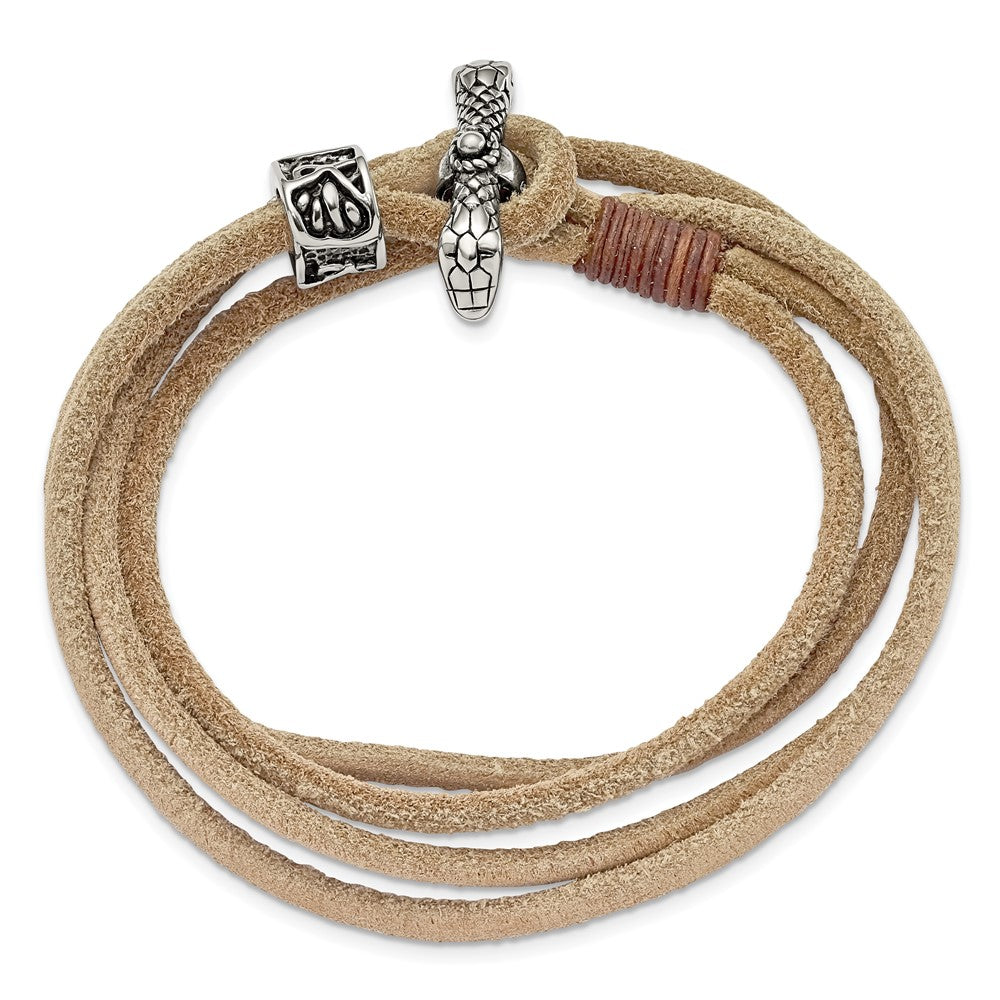 Stainless Steel Antiqued & Polished Snake Heads Leather 16in Wrap Bracelet