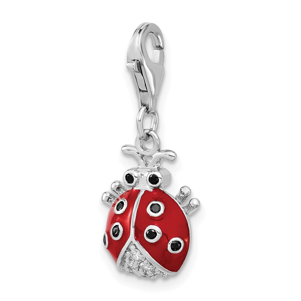 Sterling Silver Rhodium Plated CZ 3-D Enameled Lady Bug
