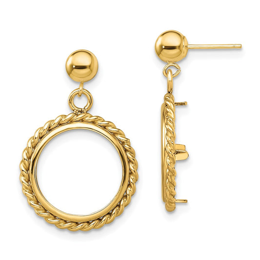 Wideband Distinguished Coin Jewelry 14k Polished Twisted Wire 14.0mm Prong Coin Bezel Post Dangle Earrings