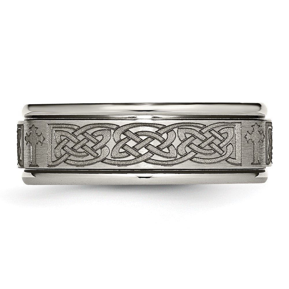 Titanium Brushed & Polished Cross Laser Design 8mm Ridged Edge Band Size - 10.5