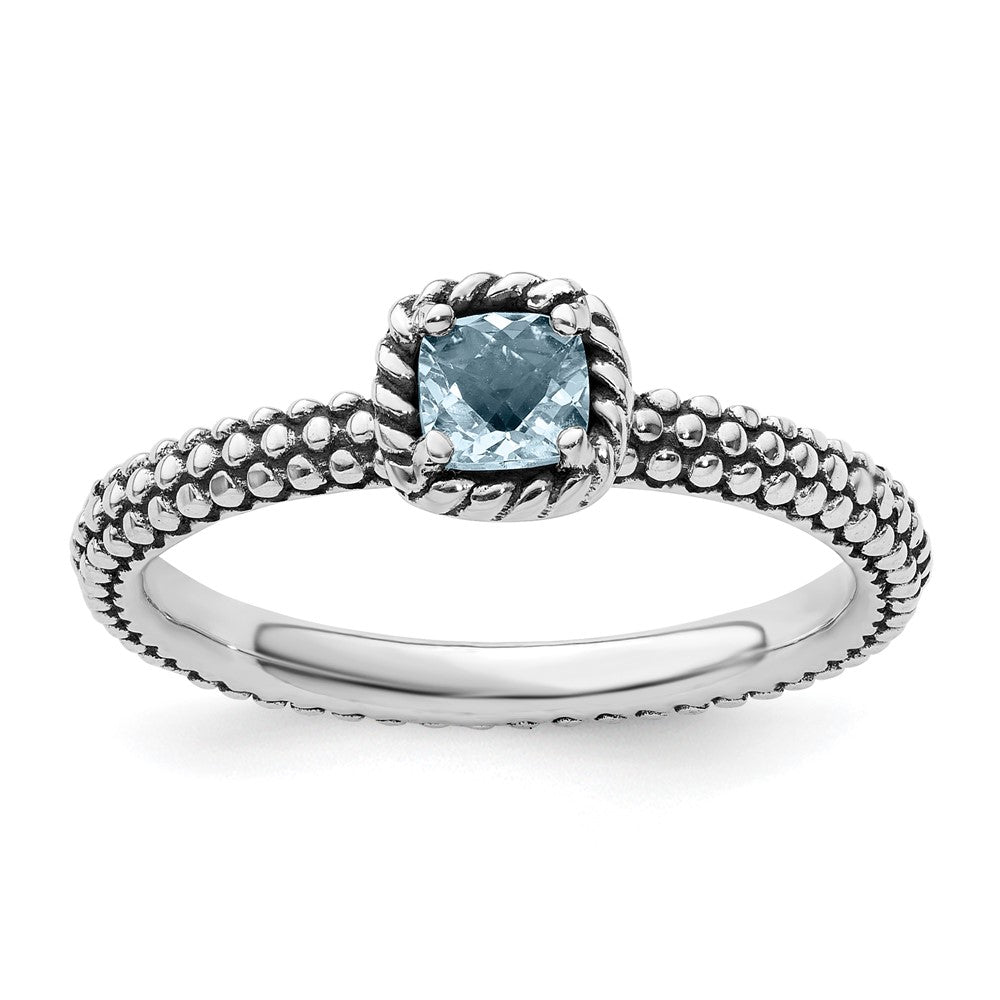 Sterling Silver Stackable Expressions Checker-cut Aquamarine Antiqued Ring Size -6