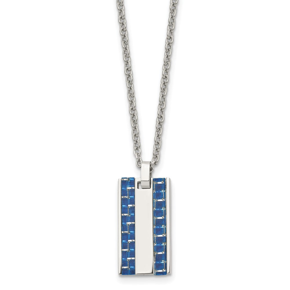 Stainless Steel Polished w/ Blue Carbon Fiber Inlay Dog Tag 22in Necklace