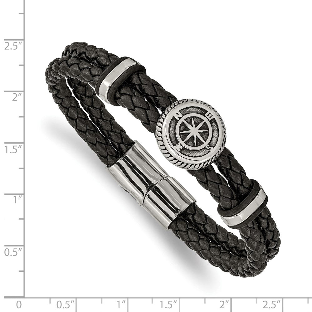 Chisel Stainless Steel Antiqued and Polished Compass Braided Black Leather 8 inch Bracelet 8 inches