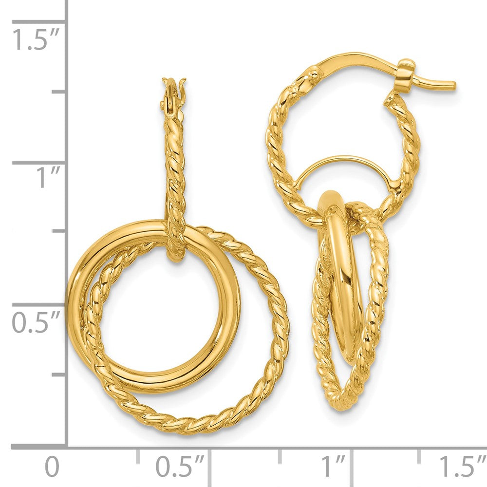 10K Polished and Twisted Dangle Circles Hoop Earrings