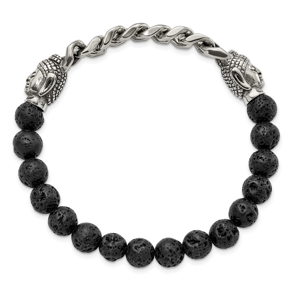 Stainless Steel Antiqued & Polished Buddha Lava Stone Beaded Stretch Bracel
