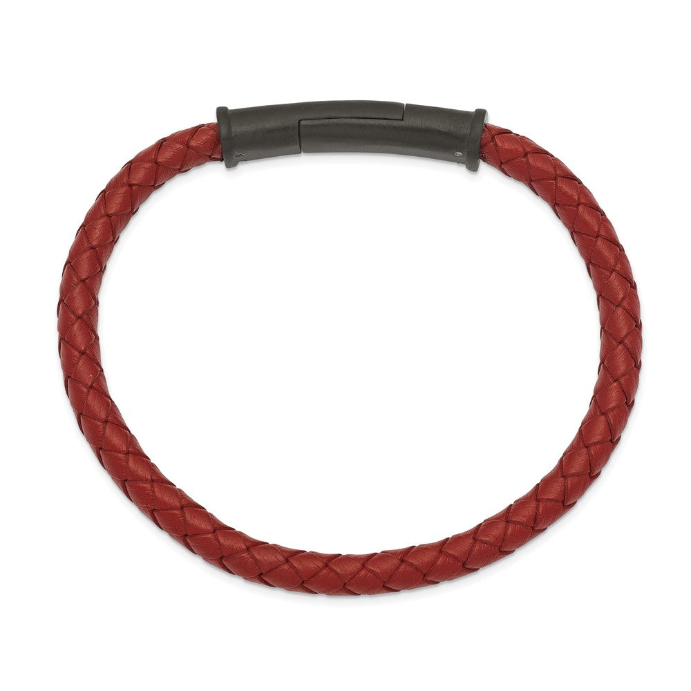 Stainless Steel Brushed Black IP-plated Red Leather 8.5in Bracelet 8.5 inches