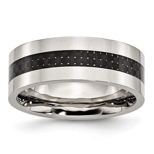 Stainless Steel Polished w/Black Carbon Fiber Inlay 8mm Flat Band Size - 10